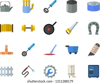 Color flat icon set saw flat vector, pipes, repair, fence, stationery knife, boiler, teflon, teapot, kitchen spoon, whisk, canned food, horseshoe, pipe production, welding, radiator, scalpel, safe