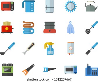 Color flat icon set saw flat vector, boiler, meashuring cup, teapot, ladle, kitchen spatula, spoon, towel, electric stove, gas, microwave, toaster, double, blender, fridge, pulverizer, telephone