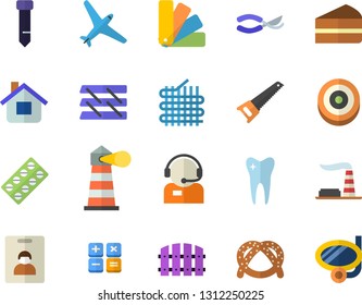 Color flat icon set saw flat vector, color scheme, bagel, piece of cake, fence, secateurs, house, factory, fabric manufacture, lighthouse, telephone operator, calculator, pill packaging, tooth, tie