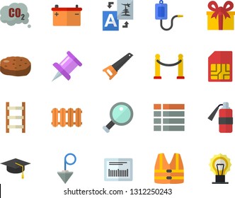 Color flat icon set saw flat vector, construction plummet, heating batteries, cutlet, ladder, accumulator, carbon dioxide, SIM card, present, barcode, medical warmer, drawing pin, bachelor cap, menu