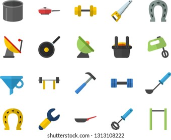 Color flat icon set saw flat vector, hammer, frying pan, teflon, ladle, whisk, mixer, horseshoe, satellite antenna, pipe production, wrench, metallurgy, funnel, dumbbell, barbell, parallel bars
