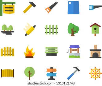 Color flat icon set saw flat vector, fence, hammer, rolling pin, cutting board, well, nesting box, tree, bonfire, bench, fireplace, forest, signboard, pointer fector, steering wheel