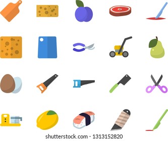 Color flat icon set saw flat vector, stationery knife, knives, scissors, cutting board, food processor, egg, lemon, cheese, chop, sashimi, plum, pear, secateurs, lawn mower, scalpel