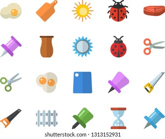 Color flat icon set saw flat vector, cutting board, gas, jugful, chop, scrambled eggs, ladybird, radiator, drawing pin, sun fector, scissors, hourglass