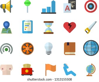 Color flat icon set saw flat vector, energy saving lamp, toaster, lollipop, ventilation, earth, graphic report, chart, flag, breast, textbook, target, swing press, broadcast, translate, hourglass