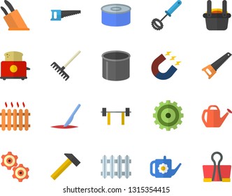 Color flat icon set saw flat vector, hammer, whisk, knives, toaster, canned food, rake, watering can, pipe production, magnet, radiator, metallurgy, cogwheel, scalpel, barbell, binder clip