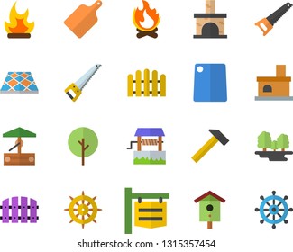 Color flat icon set saw flat vector, flooring, hammer, cutting board, well, nesting box, tree, fence, bonfire, fireplace, forest, signboard, steering wheel