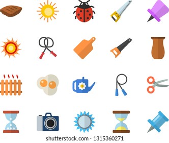 Color flat icon set saw flat vector, cutting board, gas, jugful, chop, scrambled eggs, ladybird, watering can, radiator, skipping rope, sun fector, camera, scissors, hourglass, drawing pin