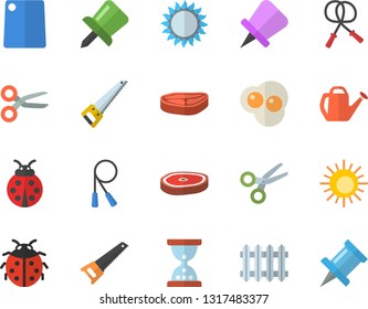 Color flat icon set saw flat vector, cutting board, gas, chop, scrambled eggs, ladybird, watering can, radiator, drawing pin, skipping rope, sun fector, scissors, hourglass