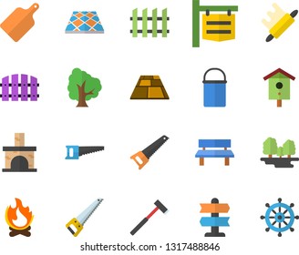 Color flat icon set saw flat vector, fence, flooring, ax, hiking pot, rolling pin, cutting board, nesting box, tree, bonfire, bench, fireplace, forest, signboard, pointer fector, steering wheel