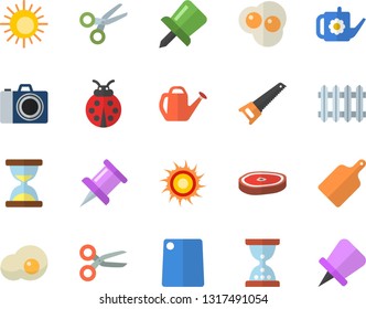 Color flat icon set saw flat vector, cutting board, chop, scrambled eggs, ladybird, watering can, radiator, drawing pin, sun fector, camera, scissors, hourglass