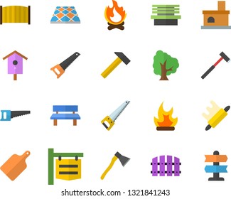 Color flat icon set saw flat vector, fence, flooring, ax, hammer, rolling pin, cutting board, nesting box, tree, bonfire, bench, fireplace, signboard, pointer fector