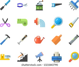 Color flat icon set saw flat vector, level meter, putty knife, hammer, kitchen spatula, scissors, cutting board, coffee grinder, blender, food processor, secateurs, watering can, hose irrigation