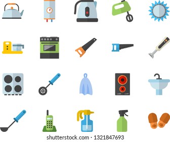 Color flat icon set saw flat vector, sink, boiler, teapot, electric kettle, ladle, kitchen spoon, towel, stove, induction cooker, gas, mixer, blender, food processor, pulverizer, telephone