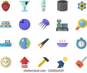 Color flat icon set saw flat vector, flooring, hammer, soup, cocktail, Strawberry, solar battery, earth, socket, energy saving lamp, pipe production, cogwheel, cash machine, bowling ball, stopwatch