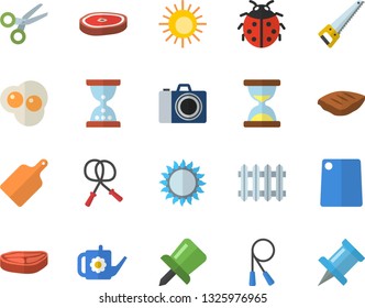 Color flat icon set saw flat vector, cutting board, gas, chop, scrambled eggs, ladybird, watering can, radiator, drawing pin, skipping rope, sun fector, camera, scissors, hourglass