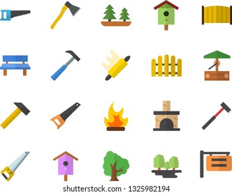 Color flat icon set saw flat vector, fence, ax, hammer, rolling pin, well, nesting box, tree, bonfire, bench, fireplace, forest, signboard