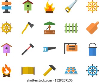 Color flat icon set saw flat vector, fence, flooring, ax, hammer, hiking pot, cutting board, well, nesting box, bonfire, signboard, pointer fector, steering wheel