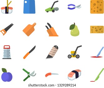 Color flat icon set saw flat vector, stationery knife, knives, cutting board, grater, cheese, sashimi, plum, pear, secateurs, lawn mower, scalpel