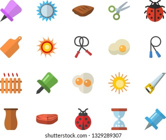 Color flat icon set saw flat vector, cutting board, gas, jugful, chop, scrambled eggs, ladybird, radiator, drawing pin, skipping rope, sun fector, scissors, hourglass