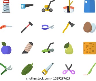 Color flat icon set saw flat vector, stationery knife, ax, scissors, cutting board, egg, grater, cheese, cucumber, sashimi, plum, pear, secateurs, lawn mower, scalpel
