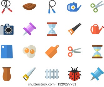 Color flat icon set saw flat vector, cutting board, jugful, chop, scrambled eggs, ladybird, watering can, radiator, drawing pin, skipping rope, camera fector, scissors, hourglass