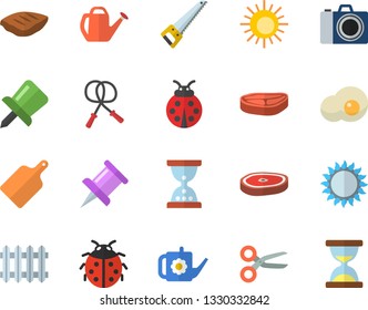 Color flat icon set saw flat vector, cutting board, gas, chop, scrambled eggs, ladybird, watering can, radiator, drawing pin, skipping rope, sun fector, camera, scissors, hourglass