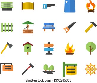 Color flat icon set saw flat vector, fence, ax, hammer, cutting board, well, nesting box, tree, bonfire, bench, forest, signboard, pointer fector, steering wheel