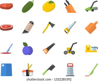 Color flat icon set saw flat vector, stationery knife, ax, knives, cutting board, food processor, grater, chop, lemon, cucumber, sashimi, plum, lawn mower, scalpel