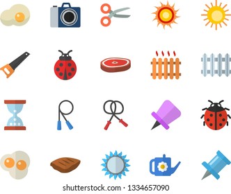 Color flat icon set saw flat vector, gas, chop, scrambled eggs, ladybird, watering can, radiator, skipping rope, sun fector, camera, scissors, hourglass, drawing pin