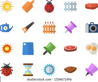 Color flat icon set saw flat vector, cutting board, gas, chop, scrambled eggs, ladybird, watering can, radiator, drawing pin, sun fector, camera, hourglass