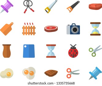 Color flat icon set saw flat vector, cutting board, jugful, chop, scrambled eggs, ladybird, radiator, drawing pin, skipping rope, camera fector, scissors, hourglass