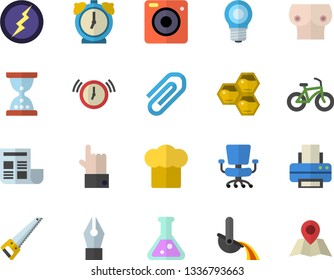 Color flat icon set saw flat vector, cook hat, honeycomb, lamp, metallurgy, breast, clip, document, ink pen, office chair, printer, flask, lightning, bicycle, hourglass, indicate, alarm clock
