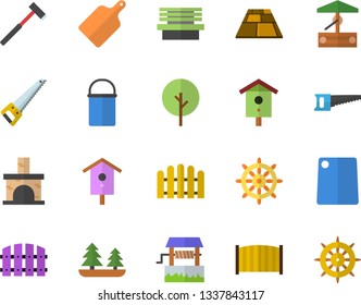 Color flat icon set saw flat vector, fence, flooring, ax, hiking pot, cutting board, well, nesting box, tree, bench, fireplace, forest, steering wheel fector