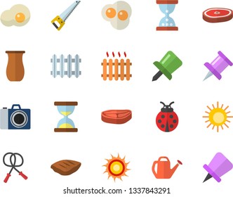 Color flat icon set saw flat vector, jugful, chop, scrambled eggs, ladybird, watering can, radiator, drawing pin, skipping rope, sun fector, camera, hourglass