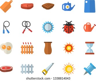 Color flat icon set saw flat vector, cutting board, gas, jugful, chop, scrambled eggs, ladybird, watering can, radiator, skipping rope, sun fector, hourglass, drawing pin