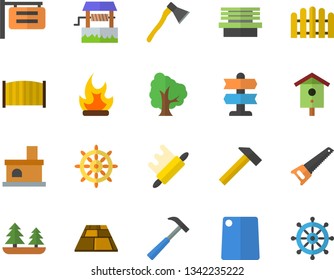 Color flat icon set saw flat vector, fence, flooring, ax, hammer, rolling pin, cutting board, well, nesting box, tree, bonfire, bench, fireplace, forest, signboard, pointer fector, steering wheel