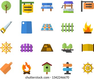 Color flat icon set saw flat vector, fence, flooring, cutting board, well, nesting box, tree, bonfire, bench, forest, signboard, pointer fector, steering wheel