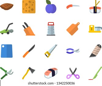 Color flat icon set saw flat vector, stationery knife, ax, knives, scissors, cutting board, food processor, grater, cheese, chop, sashimi, plum, secateurs, lawn mower, scalpel