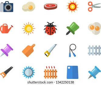 Color flat icon set saw flat vector, cutting board, gas, chop, scrambled eggs, ladybird, watering can, radiator, drawing pin, skipping rope, sun fector, camera, scissors