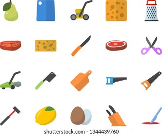 Color flat icon set saw flat vector, ax, knives, scissors, cutting board, egg, grater, chop, lemon, cheese, pear, lawn mower, scalpel