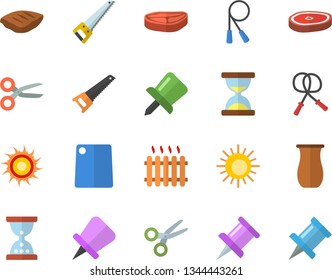 Color flat icon set saw flat vector, cutting board, jugful, chop, radiator, drawing pin, skipping rope, sun fector, scissors, hourglass