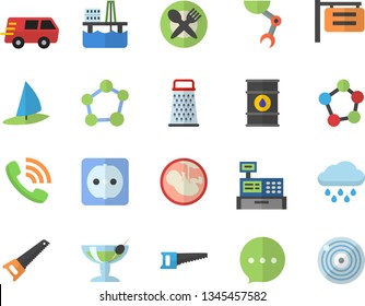 Color flat icon set saw flat vector, sockets, grater, rain, oil production platform, tanks, signboard, phone call, trucking, cash machine, embryo, molecules, molecule, robot hand, cocktail  