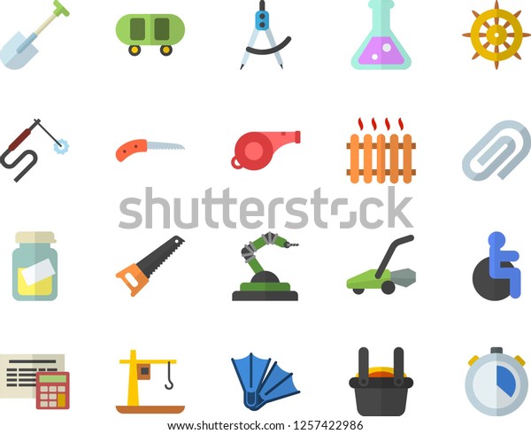 Color flat icon set saw flat vector,\
calculator, shovel, knife, lawn mower, crane, welding, robotics,\
dividers, radiator, metallurgy, disabled, medical analysis, clip,\
flask, whistle,\
skateboard