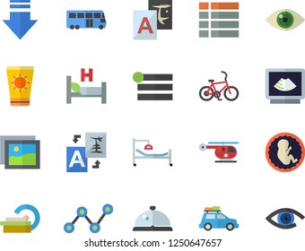 Color flat icon set scatter chart flat vector, hospital bed, ultrasound, helicopter, embryo, tomograph, car fector, bus, bicycle, sun protection cream, jingle, gallery, menu, download, translate