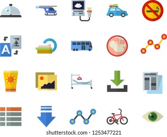Color flat icon set scatter chart flat vector, news, hospital bed, ultrasound, helicopter, embryo, tomograph, car fector, bus, bicycle, sun protection cream, no smoking, jingle, gallery, menu, eye