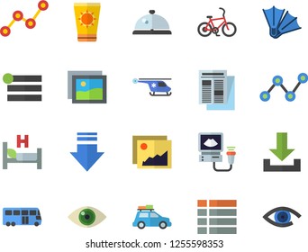 Color flat icon set scatter chart flat vector, news, hospital bed, ultrasound, helicopter, car fector, bus, bicycle, sun protection cream, flippers, jingle, gallery, menu, download, eye