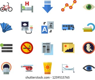 Color flat icon set scatter chart flat vector, news, hospital bed, ultrasound, helicopter, embryo, tomograph, bus fector, bicycle, sun protection cream, flippers, no smoking, gallery, menu, download
