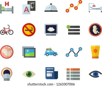 Color flat icon set scatter chart flat vector, news, hospital bed, ultrasound, embryo, tomograph, car fector, bicycle, sun protection cream, no smoking, jingle, gallery, menu, translate, eye