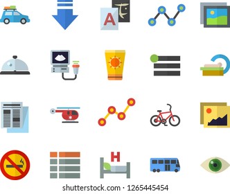 Color flat icon set scatter chart flat vector, news, hospital bed, ultrasound, helicopter, tomograph, car fector, bus, bicycle, sun protection cream, no smoking, jingle, gallery, menu, download, eye